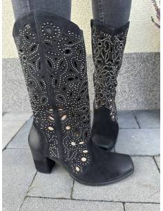 Ażurowe kozaki skóra naturalna zamszowa czarne obcas... 2