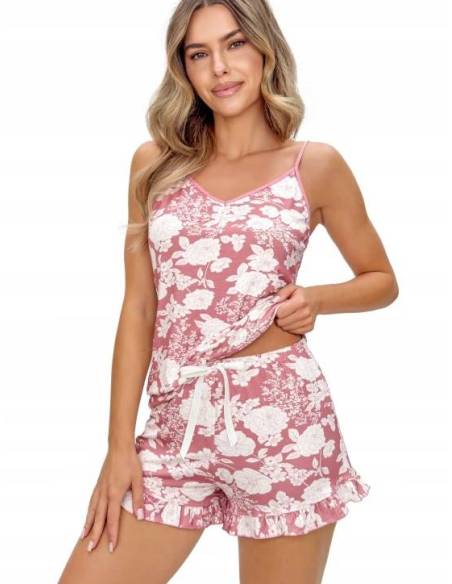 Piżama różowa róż biała na ramiączkach spodenki w kwiatki Donna Tina Top