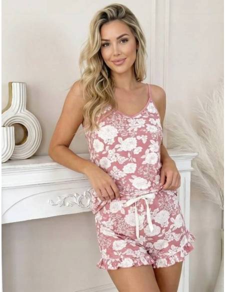 Piżama różowa róż biała na ramiączkach spodenki w kwiatki Donna Tina Top