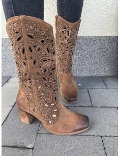 Ażurowe kozaki skóra naturalna zamszowa brąz koniak... 2