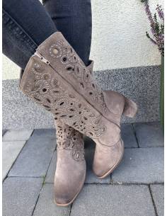 Ażurowe kozaki skóra naturalna zamsz beż taupe brąz obcas... 2