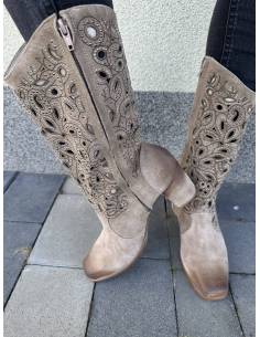 Ażurowe kozaki skóra naturalna zamsz beż nude obcas... 2