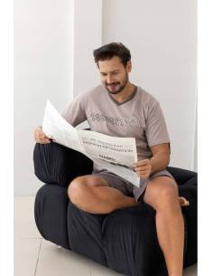 Piżama męska beżowa z nadrukiem krótki rękaw w szpic i... 2
