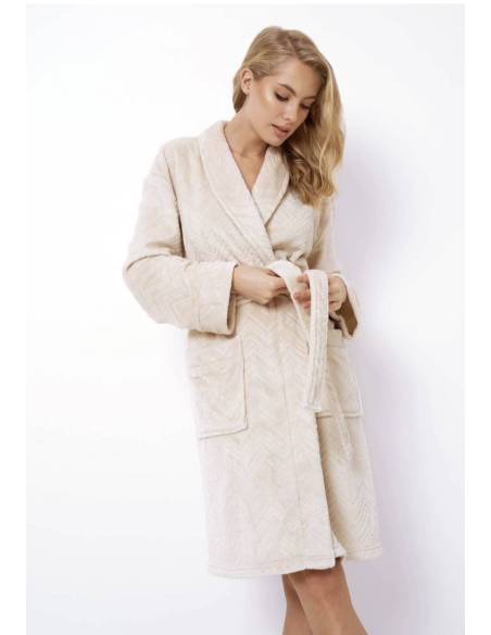 Szlafrok damski beż nude beige do kolana gift ciepły miękki Aruelle ZAHRA