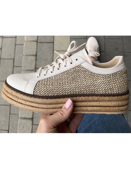Beżowe trampki creepersy nude sznurowane plecione platforma Kampa 1164S5