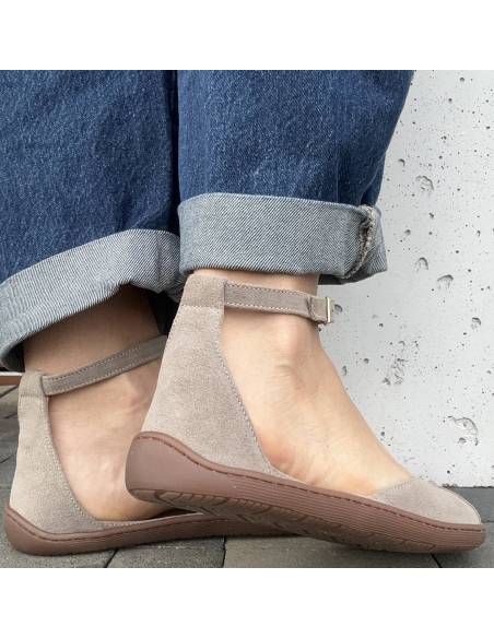 Beżowe baleriny skóra barefoot pasek na kostce płaska podeszwa Comfy 320