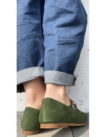 Baleriny zielone retro skóra naturalna nubuk zapinane paskiem Nicoll 4430