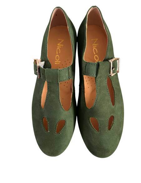 Baleriny zielone retro skóra naturalna nubuk zapinane paskiem Nicoll 4430