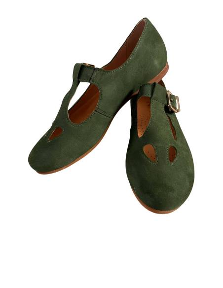 Baleriny zielone retro skóra naturalna nubuk zapinane paskiem Nicoll 4430