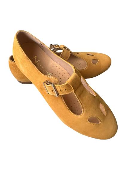 Baleriny żółte retro skóra naturalna nubuk zapinane paskiem Nicoll 4430