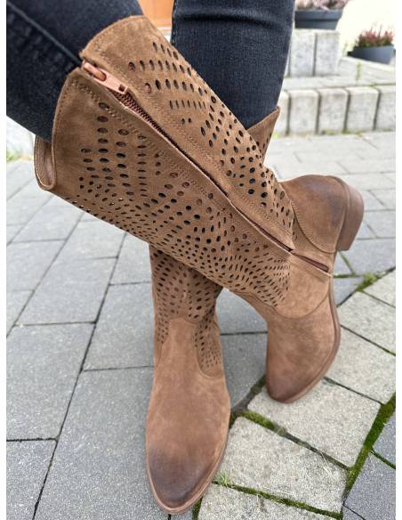 Ażurowe kozaki brązowe koniak skóra zamsz kowbojki Exquisite 1229 julastyle