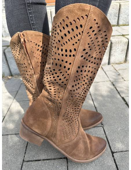 Ażurowe kozaki brązowe koniak skóra zamsz kowbojki Exquisite 1229 julastyle