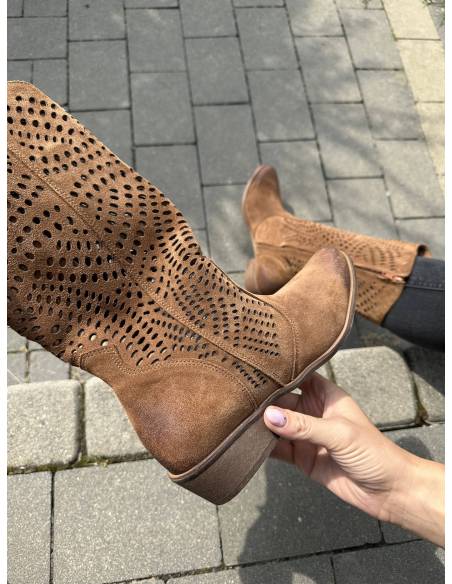 Ażurowe kozaki brązowe koniak skóra zamsz kowbojki Exquisite 1229 julastyle