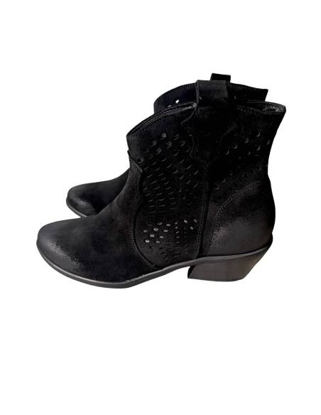 Botki czarne skóra naturalna zamsz niski obcas ażurowe Exquisite 1525
