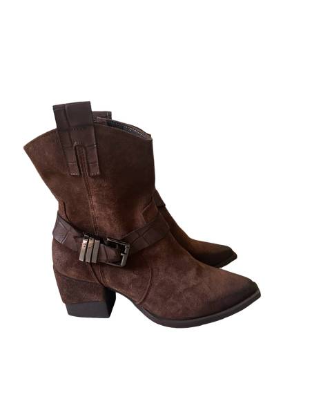 Botki brązowe skóra naturalna welur obcas klocek szpic Exquisite 1785