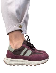 Sneakersy sportowe fioletowe brąz sznurowane skóra...