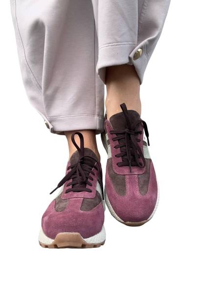 Sneakersy sportowe fioletowe brąz sznurowane skóra naturalna Kampa N 1291