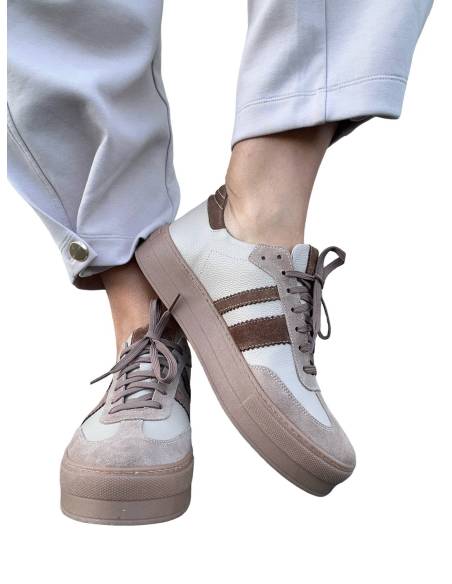 Sneakersy sportowe beżowe nude sznurowane skóra naturalna Kampa N 1292