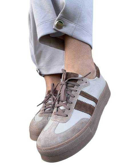 Sneakersy sportowe beżowe nude sznurowane skóra naturalna Kampa N 1292
