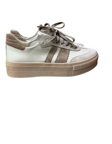 Sneakersy sportowe beżowe nude sznurowane skóra...