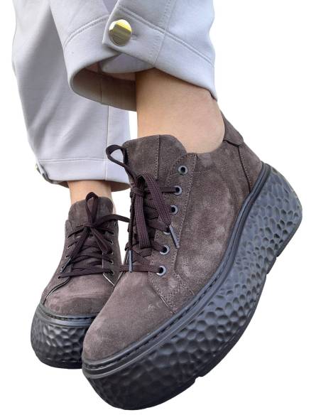Sneakersy czekoladowe brąz platforma sznurowane skóra naturalna Kampa 1461