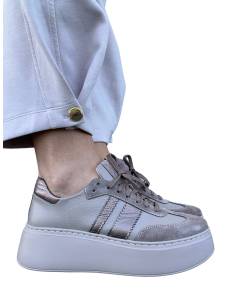 Sneakersy beżowe nude na platforma sznurowane skóra...