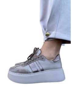 Sneakersy beżowe nude na platforma sznurowane skóra... 2