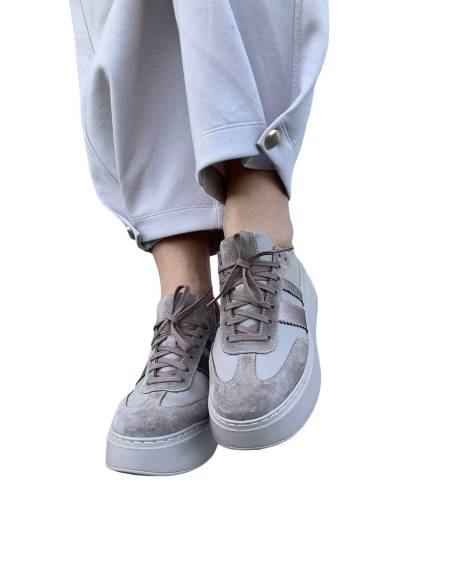 Sneakersy beżowe nude na platforma sznurowane skóra naturalna Kampa 1292S6