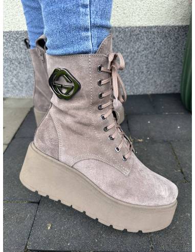 Botki brązowe skóra zamsz platforma ocieplane...