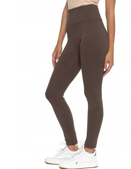 Legginsy damskie długie wysoki stan hit prążek mokka czekoladowe brąz Moraj