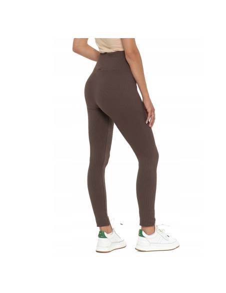 Legginsy damskie długie wysoki stan hit prążek mokka czekoladowe brąz Moraj