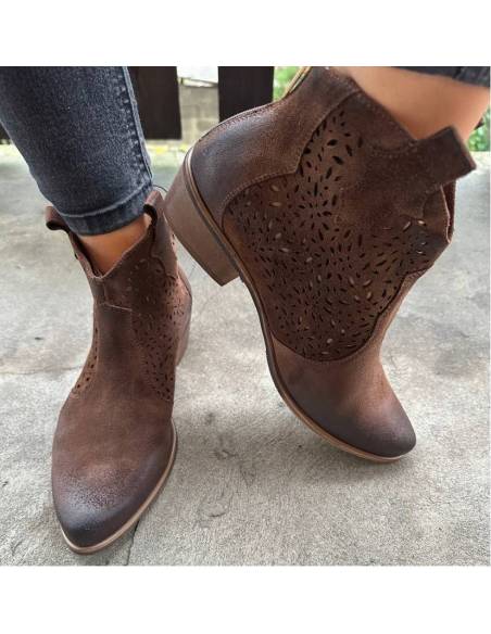 Botki brązowe skóra zamsz niski obcas ażurowe Exquisite 1130 Jula Style