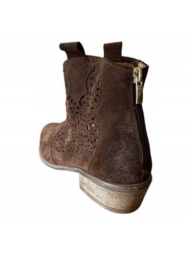 Botki brązowe skóra zamsz niski obcas ażurowe...