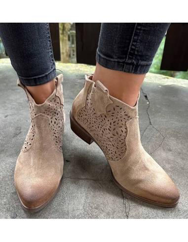 Botki beż nude skóra zamsz niski obcas ażurowe...