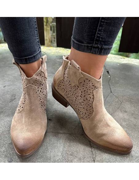 Botki beż nude skóra zamsz niski obcas ażurowe Exquisite 1130 jula style