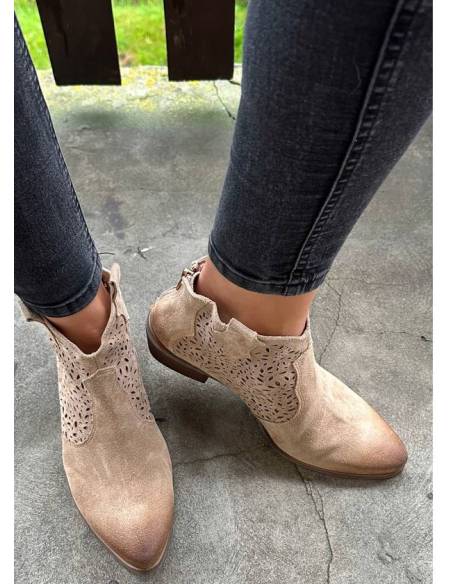 Botki beż nude skóra zamsz niski obcas ażurowe Exquisite 1130 jula style