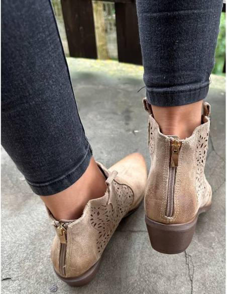 Botki beż nude skóra zamsz niski obcas ażurowe Exquisite 1130 jula style