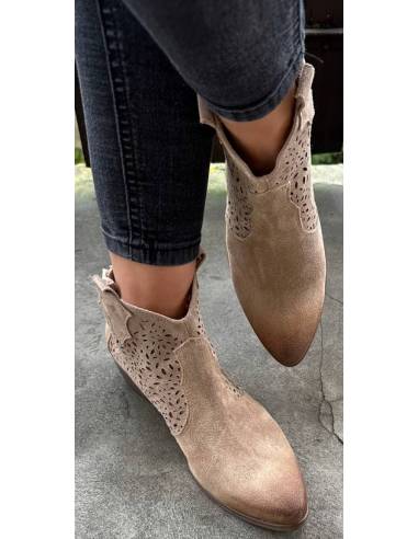 Botki beż nude skóra zamsz niski obcas ażurowe...