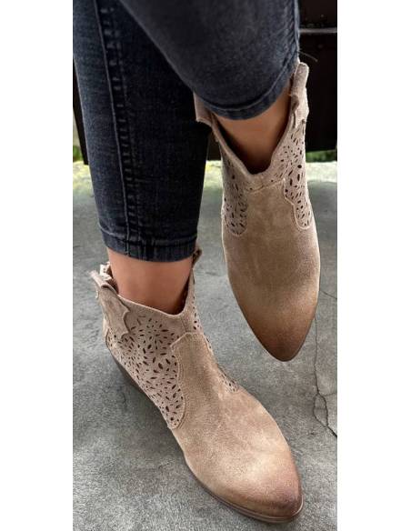 Botki beż nude skóra zamsz niski obcas ażurowe Exquisite 1130 jula style