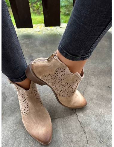 Botki beż nude skóra zamsz niski obcas ażurowe...