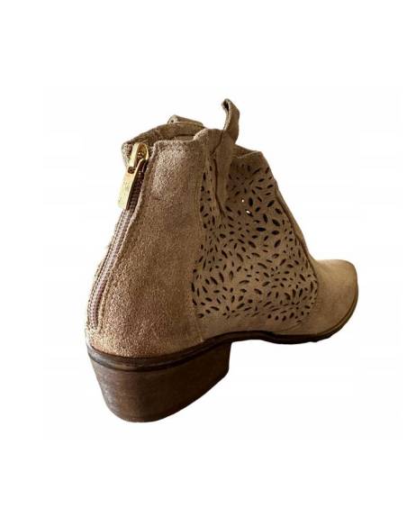 Botki beż nude skóra zamsz niski obcas ażurowe Exquisite 1130 jula style