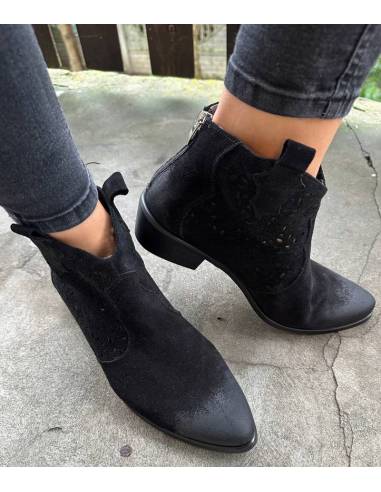 Botki czarne skóra zamsz niski obcas klocek...