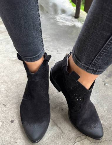 Botki czarne skóra zamsz niski obcas klocek...