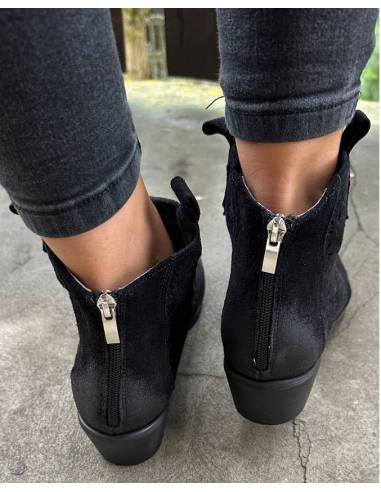 Botki czarne skóra zamsz niski obcas klocek...