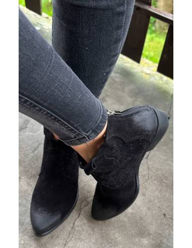 Botki czarne skóra zamsz niski obcas klocek...