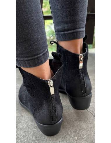 Botki czarne skóra zamsz niski obcas klocek...