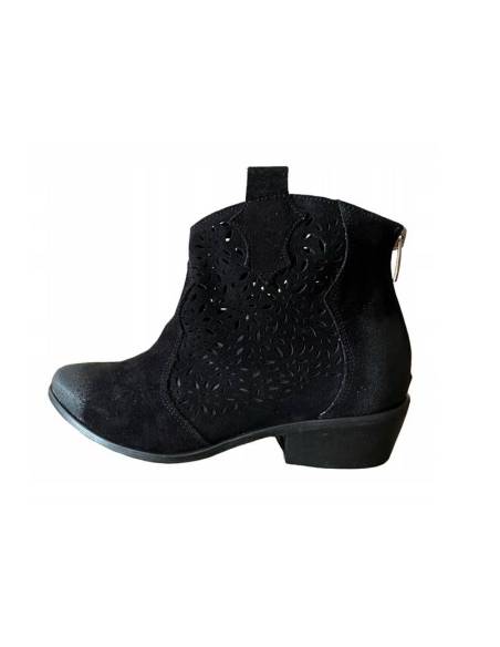 Botki czarne skóra zamsz niski obcas klocek ażur Exquisite 1130 Jula Style