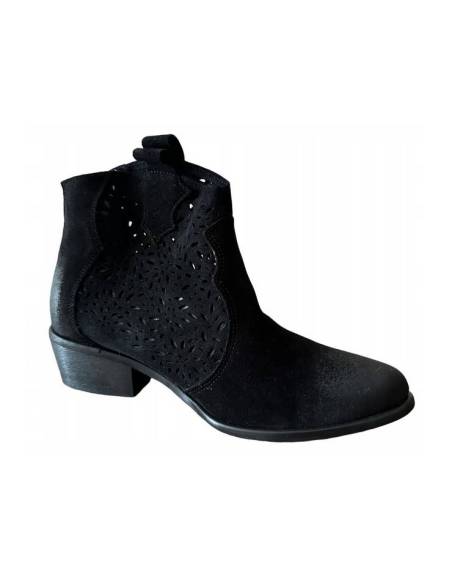 Botki czarne skóra zamsz niski obcas klocek ażur Exquisite 1130 Jula Style