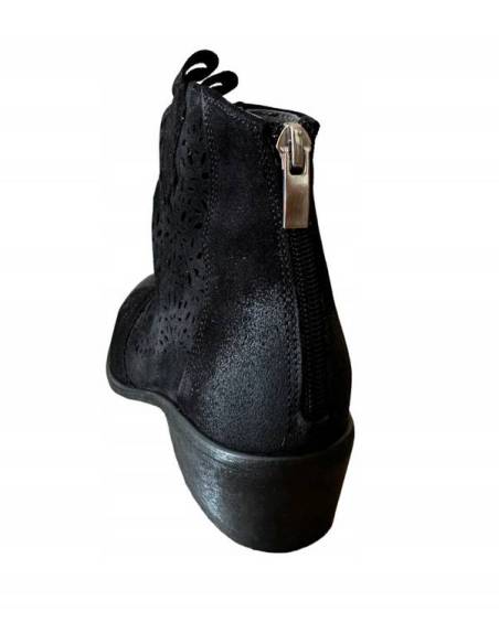 Botki czarne skóra zamsz niski obcas klocek ażur Exquisite 1130 Jula Style