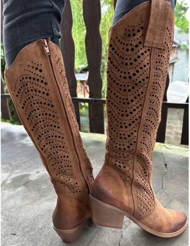 Ażurowe kozaki brązowe rude wysokie skóra zamsz...